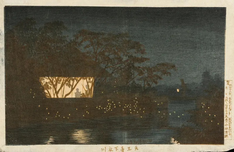 Ukiyo-e by Kobayashi Kiyochika depicting Koromo River below the Temple Tennōji