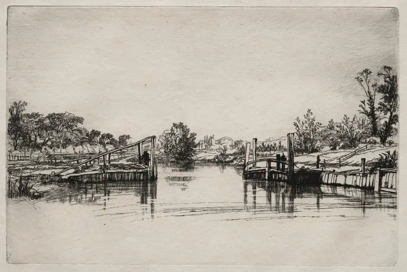 Egham Lock engraving by Francis Seymour Haden depicting a river with clouds reflecting on the water