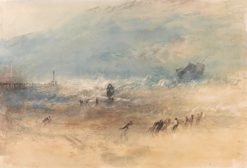 Yarmouth Sands by Joseph Mallord William Turner, oil painting depicting turbulent sea and sunset.