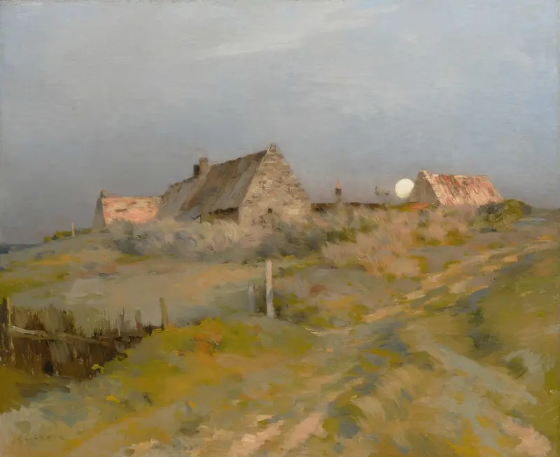 Moonrise by Jean Charles Cazin, oil painting depicting a twilight landscape with hills and moonlight.