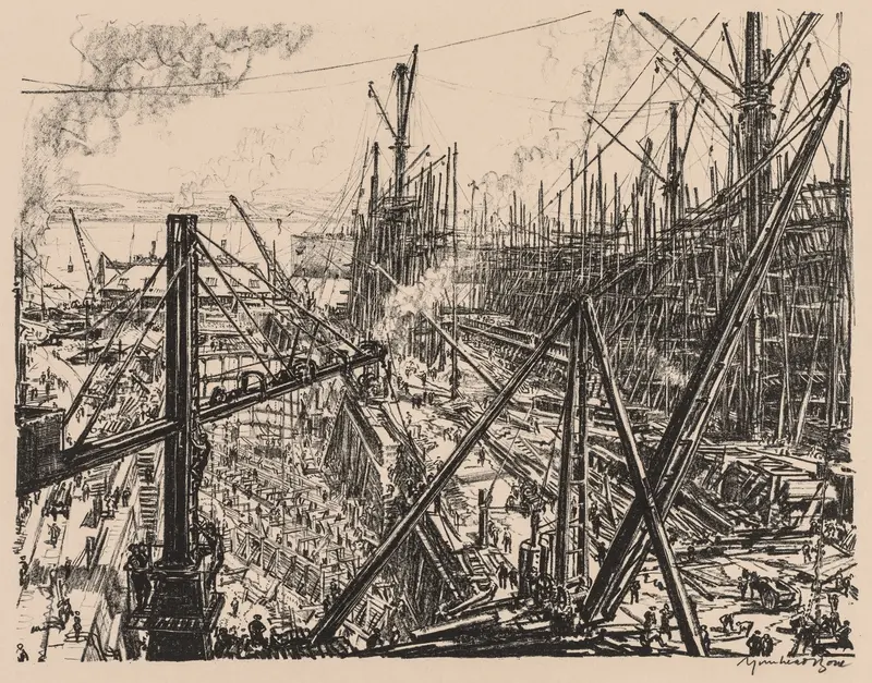 Historical shipyard scene with workers, oil painting by Muirhead Bone