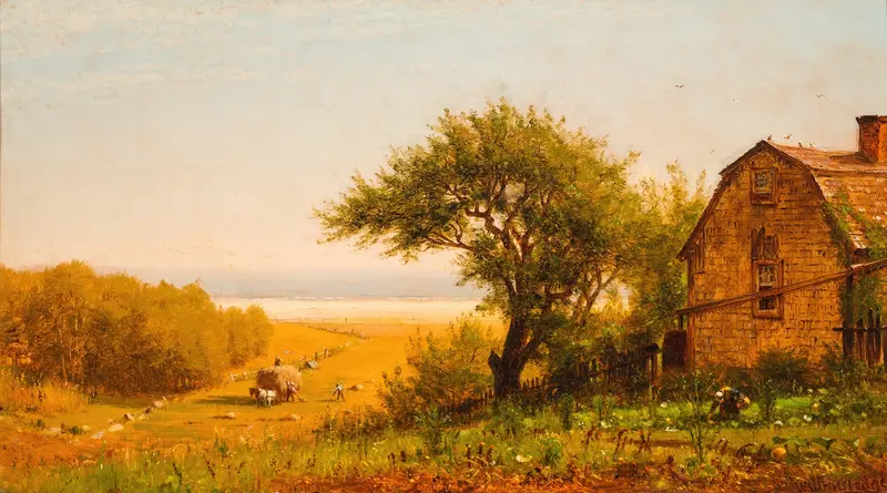 A Home by the Seaside, oil painting by Worthington Whittredge, depicting a cottage by the sea.