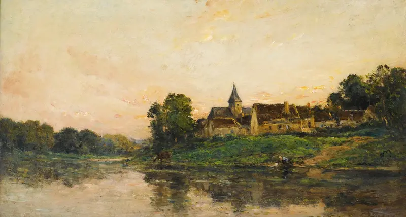 Lavandière et vachère à Porte-joie by Charles François Daubigny, oil on canvas depicting figures by a river