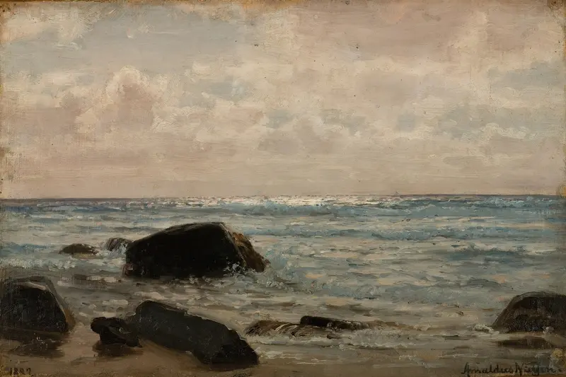 Landscape of rolling hills and sky in oil painting by Amaldus Nielsen