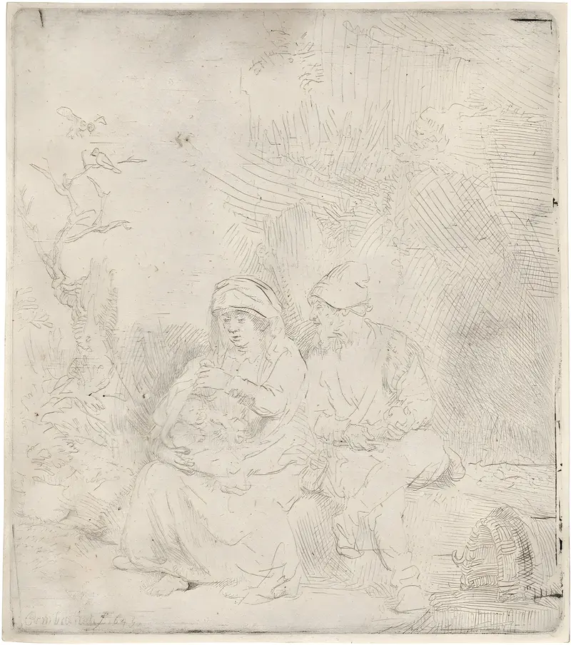 Rembrandt's 'The Rest on the Flight into Egypt' depicts a serene moment in a biblical journey.