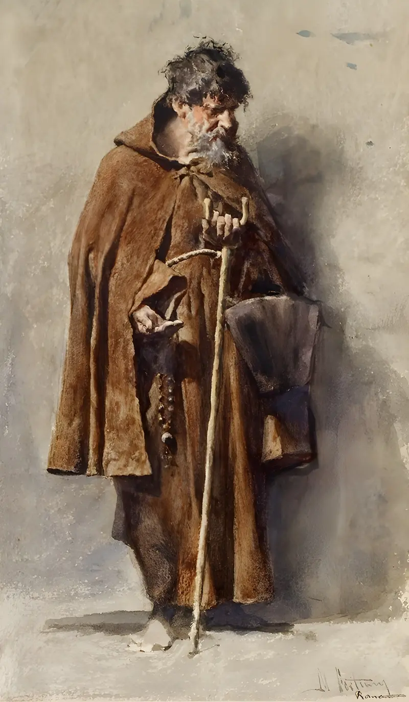 A depiction of a mendicant in a realistic style by Mariano Fortuny Marsal.