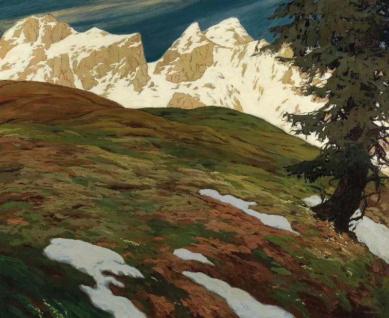 Springtime in the mountains, oil on canvas by Hugo Hodiener, depicting vibrant spring colors and mountainous scenery.
