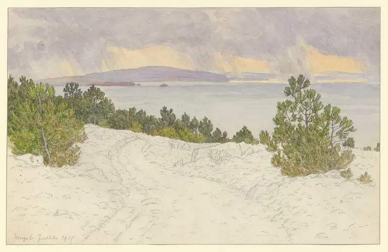 Watercolor on paper by Henri Rivière depicting water, cliffs, and sky.