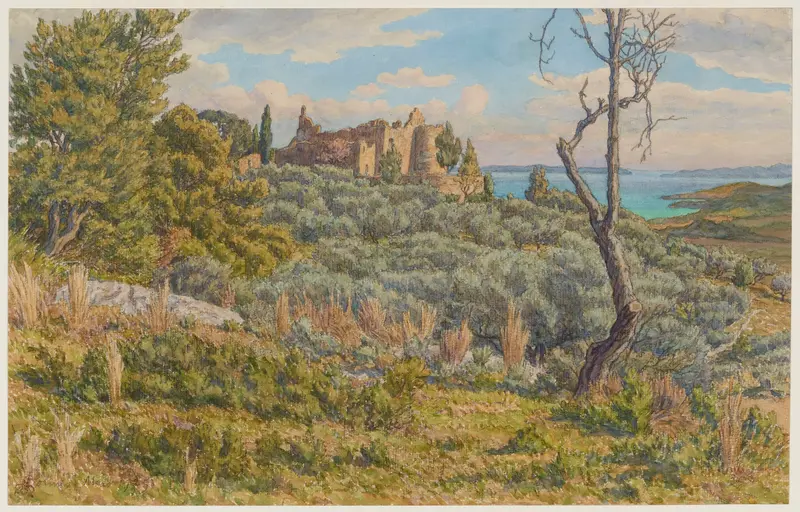 Twilight landscape featuring an ancient castle by Henri Rivière, oil painting