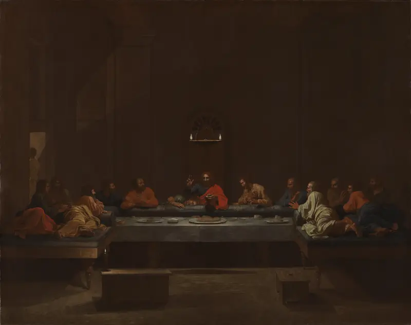 Eucharist by Nicolas Poussin depicts Christ at the Last Supper, offering bread and wine to his apostles.