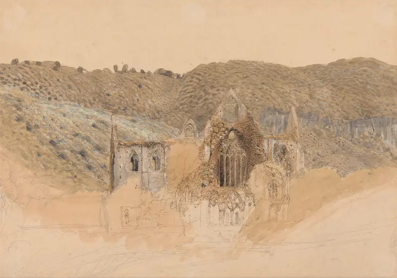 Tintern Abbey by Samuel Palmer, oil painting depicting serene hills and nature.