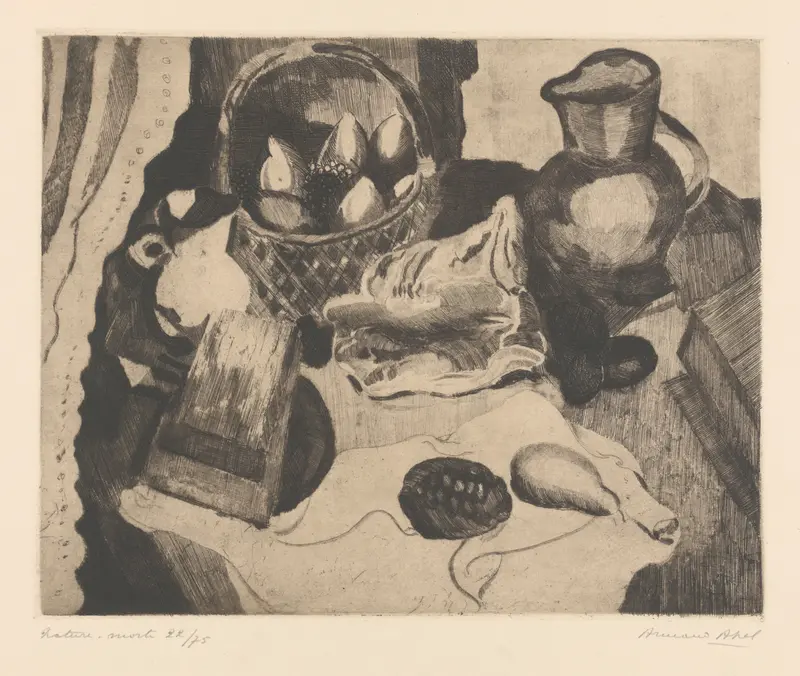 A still life composition featuring a basket of glowing fruit, a solid pitcher, and various small objects on a table.