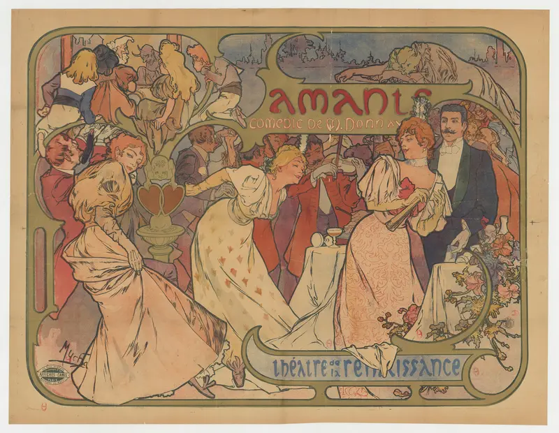 Alphonse Mucha's 'Amants' is a vibrant illustration showcasing love and romance.