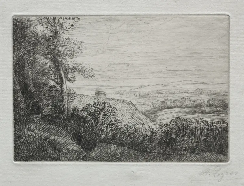 Landscape at sunset with golden light, by Alphonse Legros, oil painting
