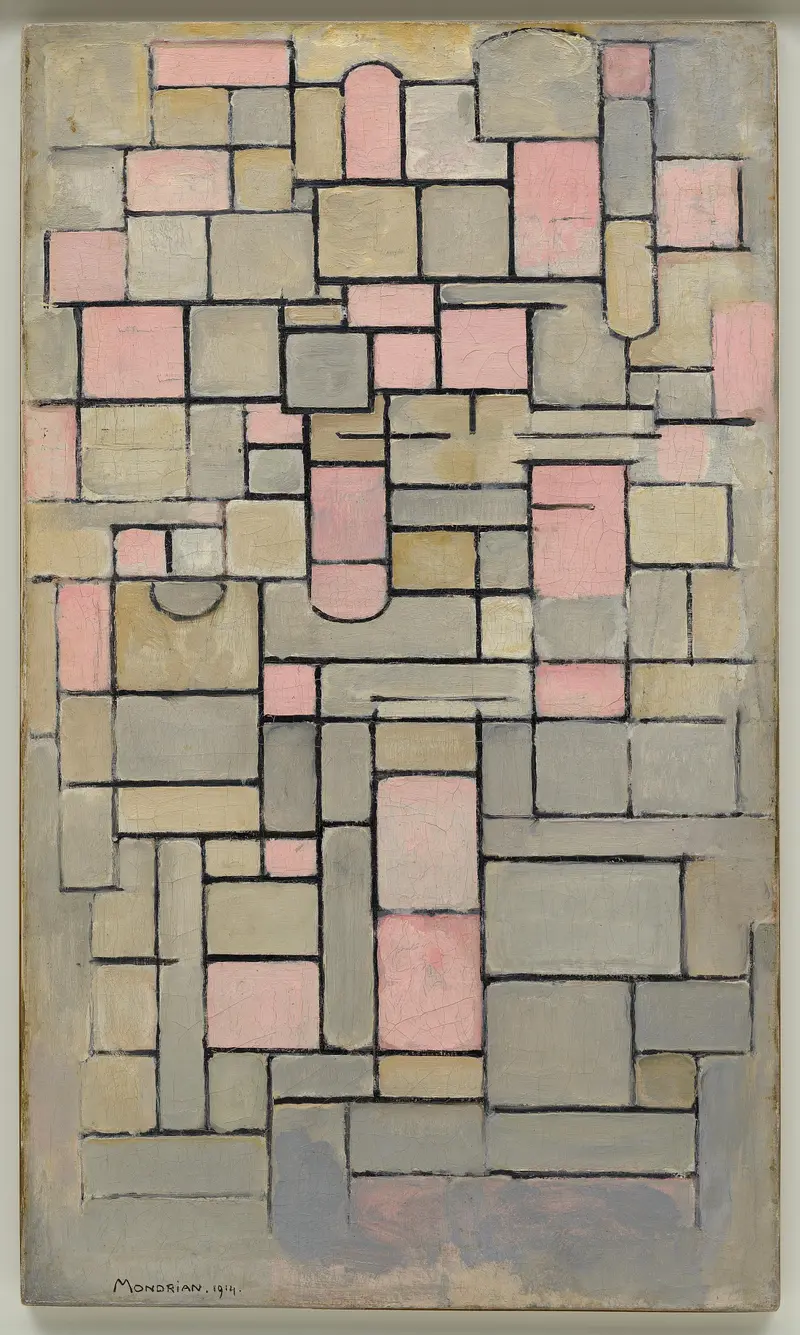 Piet Mondrian's 'Composition 8' features a dynamic arrangement of geometric shapes and primary colors.