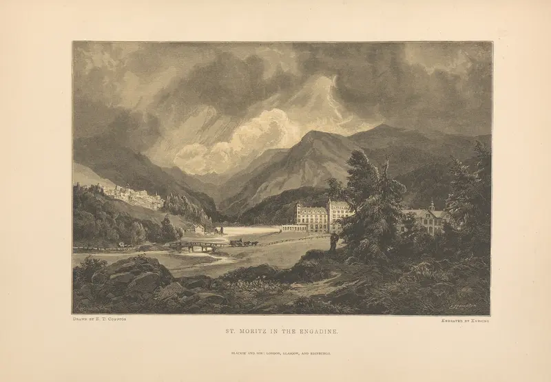 Romanticism landscape of St. Moritz by Theodor Gsell Fels, featuring pastel clouds and mountains.