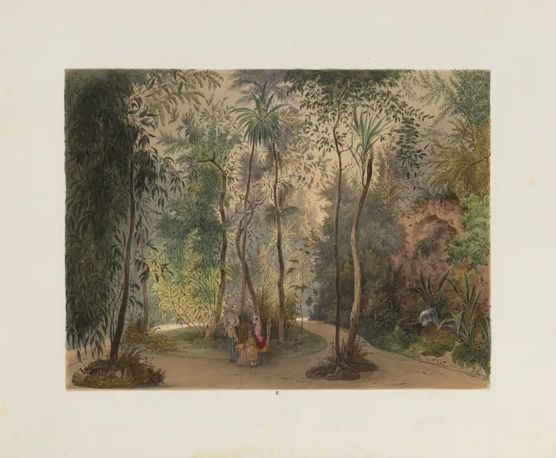 Interior of a winter garden by Franz Antoine, 1852, showcasing floral arrangements and light play.