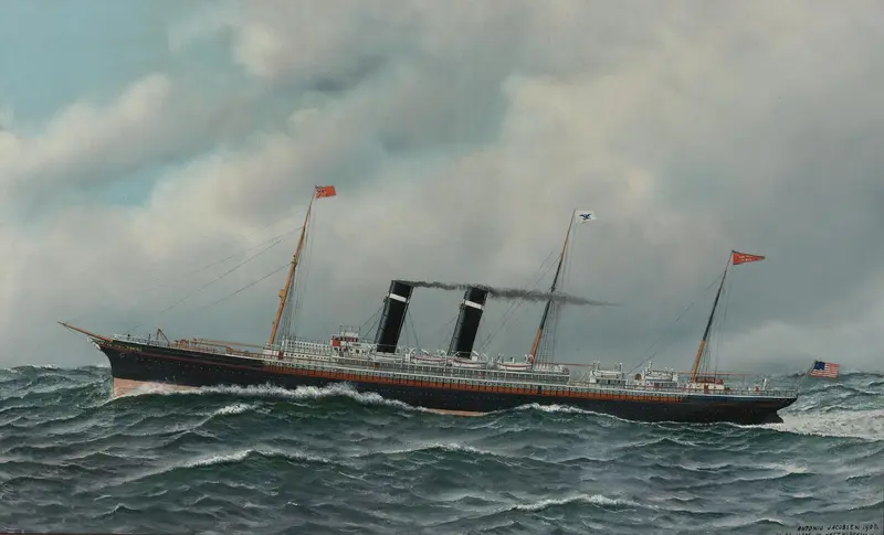 A steamship slicing through green waves under a cloudy sky, with detailed rigging and flags, showcasing American pride.