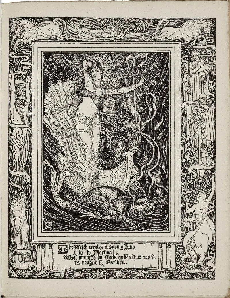 This painting depicts Florimell being saved by Proteus in a lush, mythical setting.