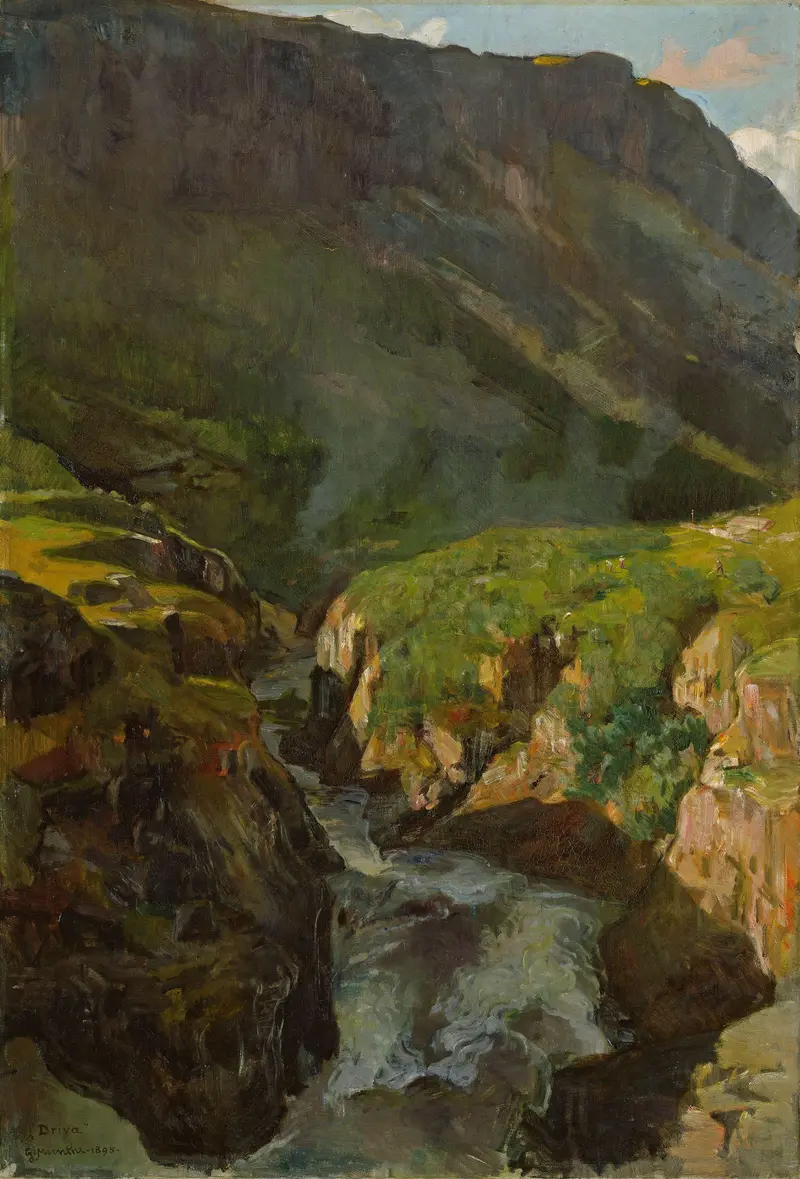 The River Driva, oil painting by Gerhard Munthe, depicting a serene river landscape.