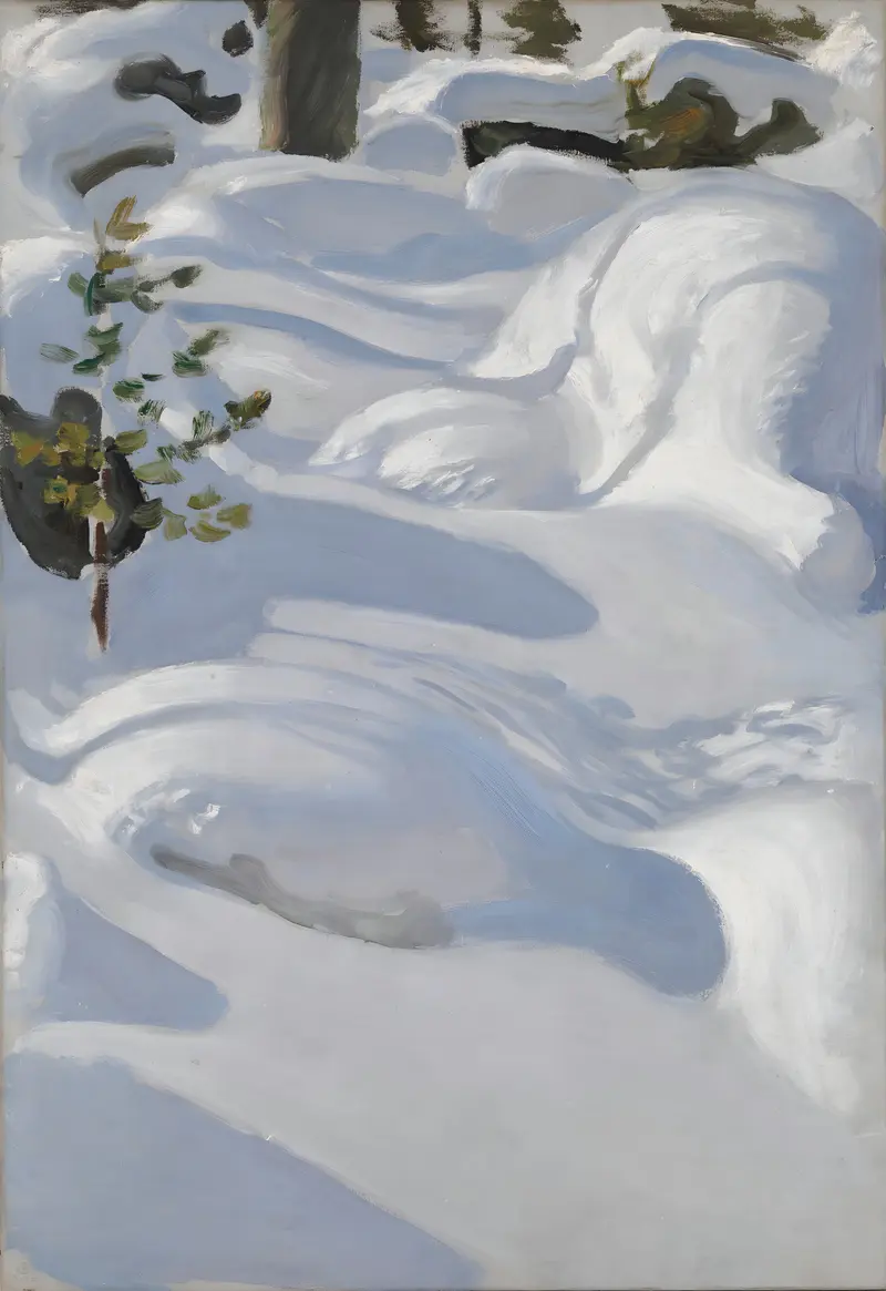 Sunshine on Snow by Akseli Gallen-Kallela, oil painting of a winter landscape with sunlight and snow.