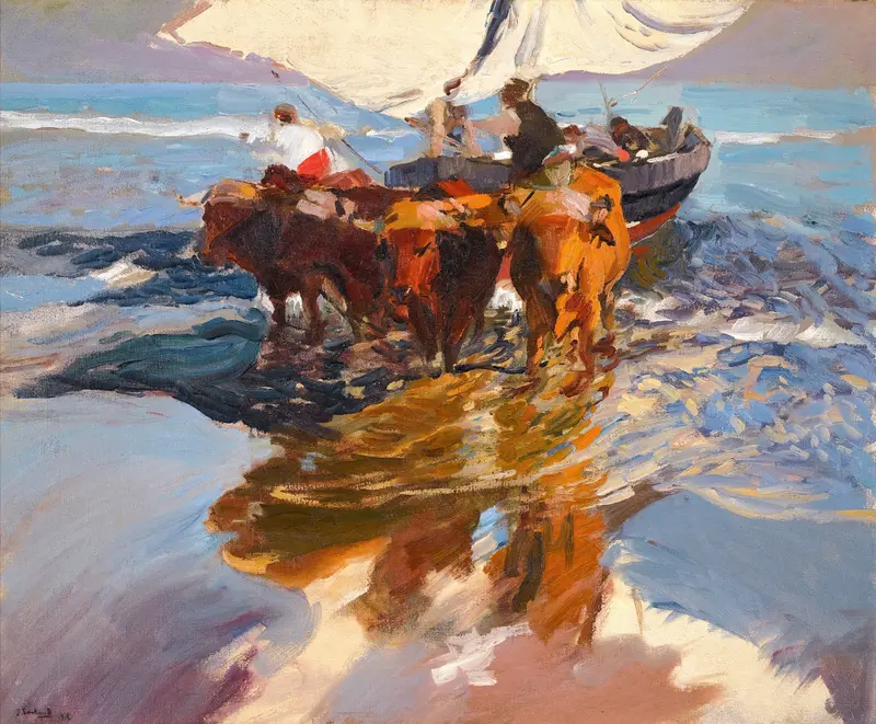 Four oxen wading in shallow water near a fishing boat with figures on board, set against a sea and sky background.