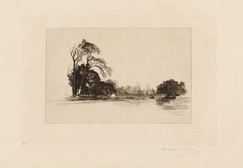 Engraving of the Thames riverbank with light reflections by Maxime Lalanne
