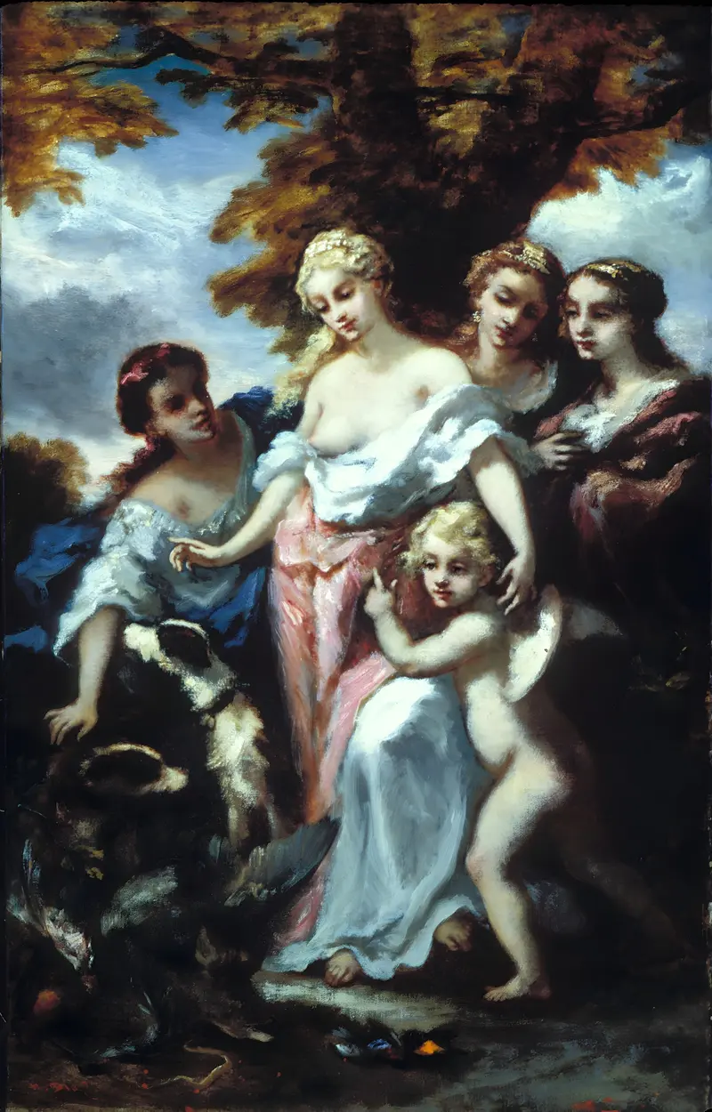 Diana After the Hunt by Narcisse-Virgile Diaz de La Peña depicts the goddess Diana in a serene forest setting.