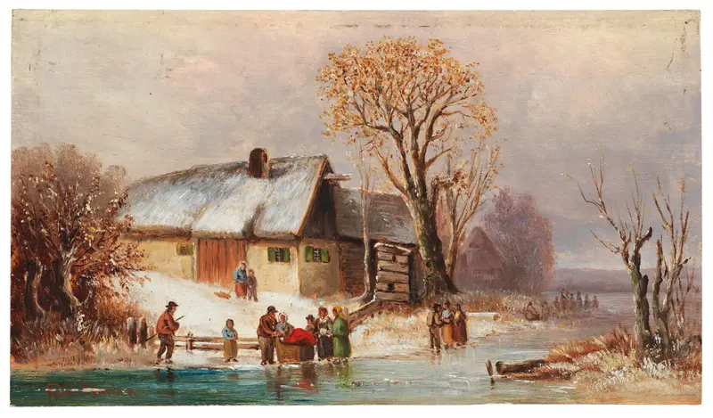 Winterliche Flusslandschaft mit figürlicher Staffage by Anton Doll, oil on canvas depicting a winter river landscape.