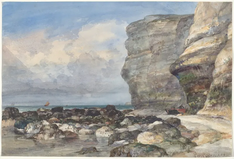 The Rocky Beach and Cliffs at Fécamp by Edward William Cooke, oil on canvas, depicting rocky beach and cliffs