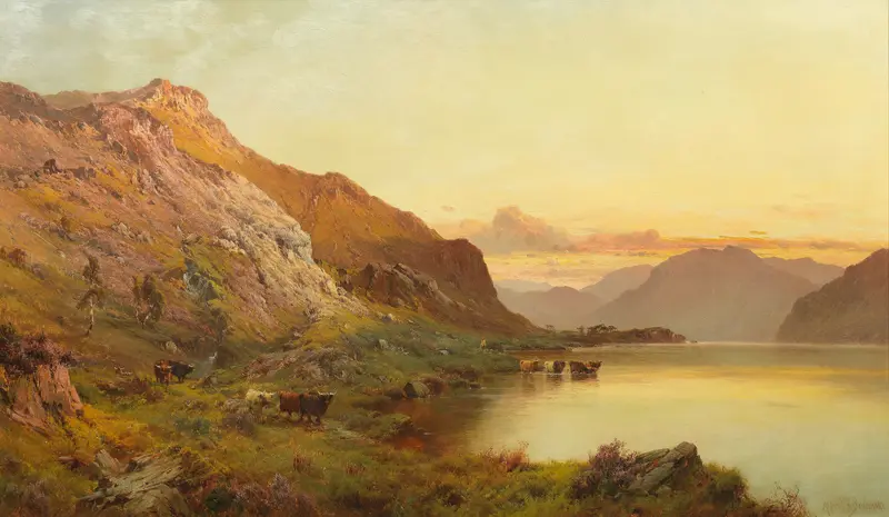 Landscape with mountains and hills, oil painting by Alfred de Bréanski