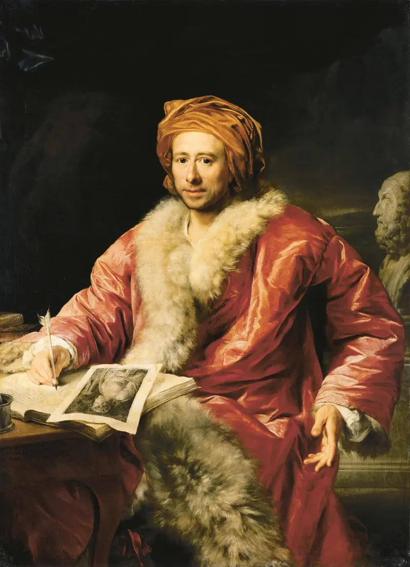 A portrait of Johann Joachim Winckelmann in a fur-lined robe and turban, holding a quill above books and a sculpted bust.