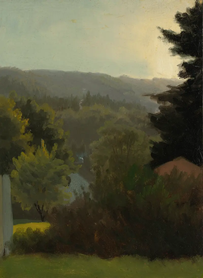 Forested Hills by Albert Bierstadt, oil painting of wooded hills under a blue sky.