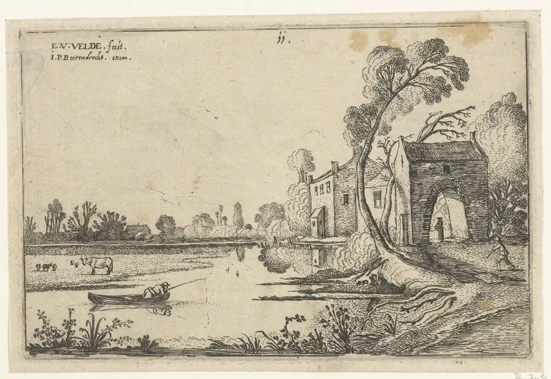Etching by Esaias van de Velde featuring a river and gatehouse