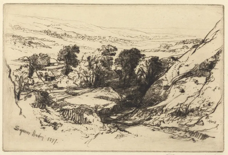 Landscape with rolling hills in a Romantic style by Francis Seymour Haden, etching