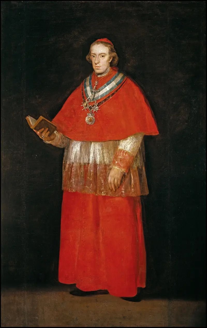A cardinal in vivid red robes stands against a dark background, holding an open book and wearing ornate decorations around his neck.
