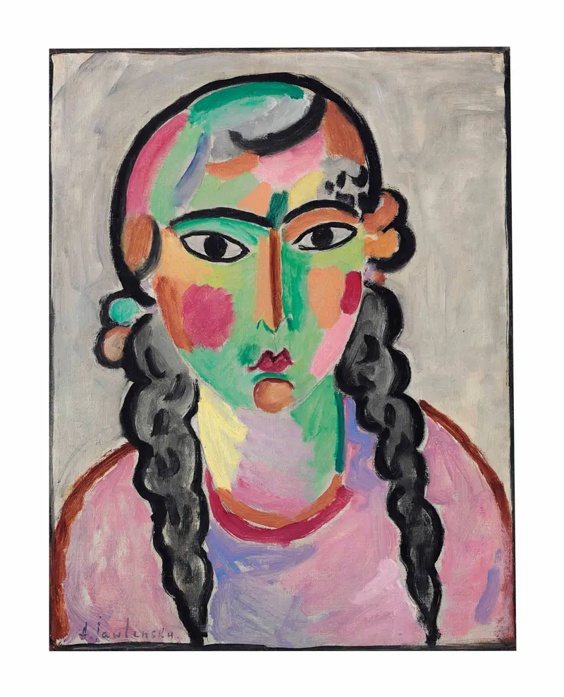A mask-like face with green, pink, and orange hues, featuring dark braids and wide black-outlined eyes.