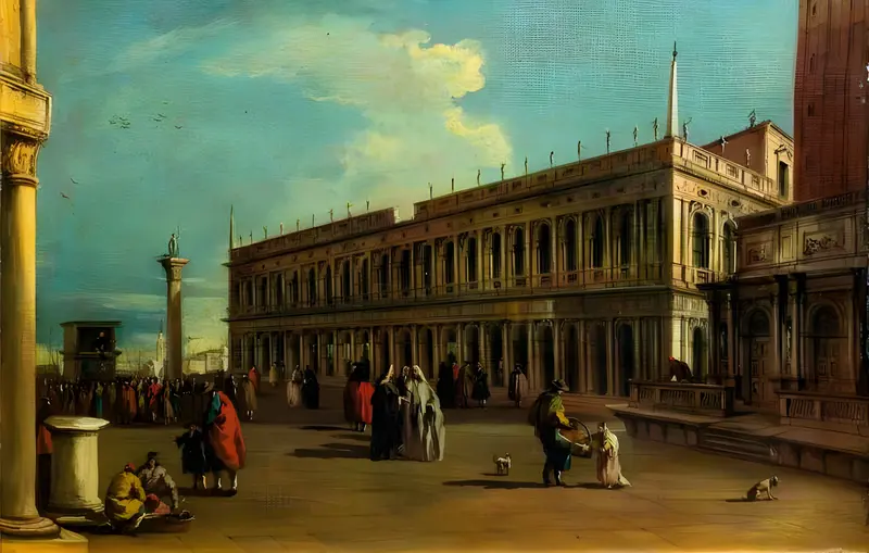 A vibrant depiction of the Piazzetta in Venice, showcasing its architectural grandeur and lively atmosphere.