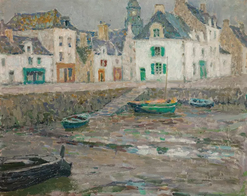 Les Maisons Des Marins, an oil painting by Henri Le Sidaner depicting a seaside village.