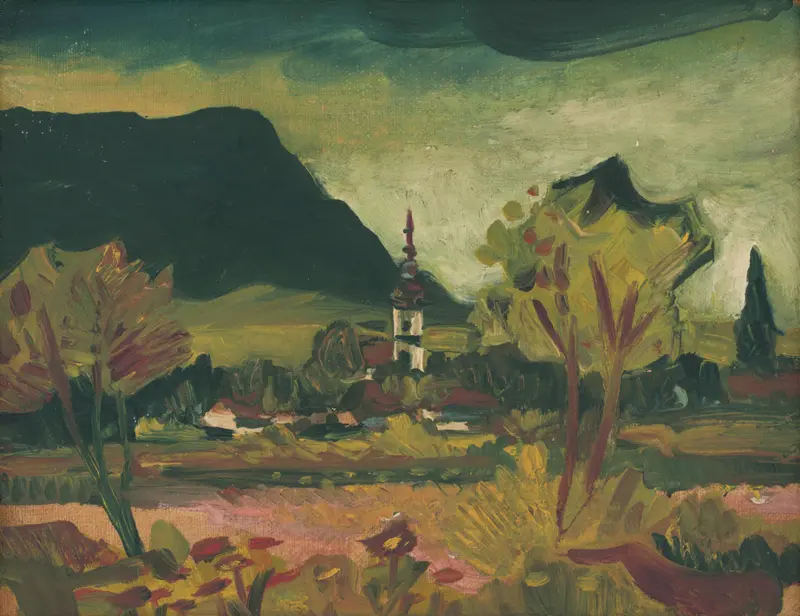 A dynamic landscape with twisting brushstrokes, featuring a red-tipped spire amidst greens and ochres.