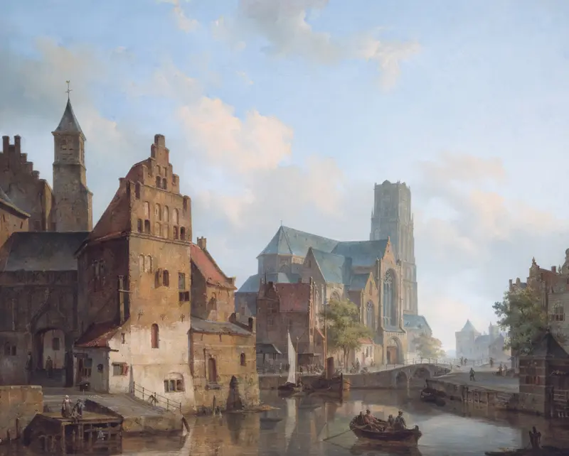 A landscape showing the Delftse Vaart and St Laurens Church by Cornelis Springer, oil painting