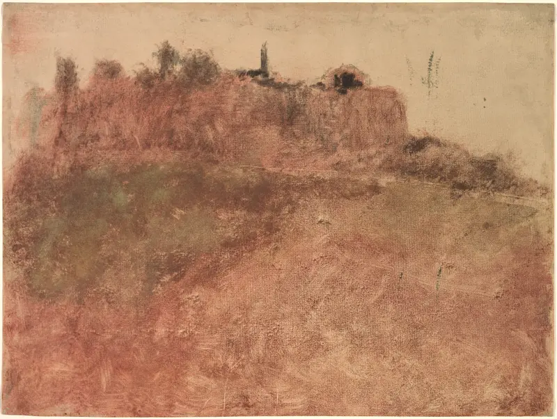 Estérel Village by Edgar Degas, oil on canvas depicting a vibrant landscape with rooftops and light.