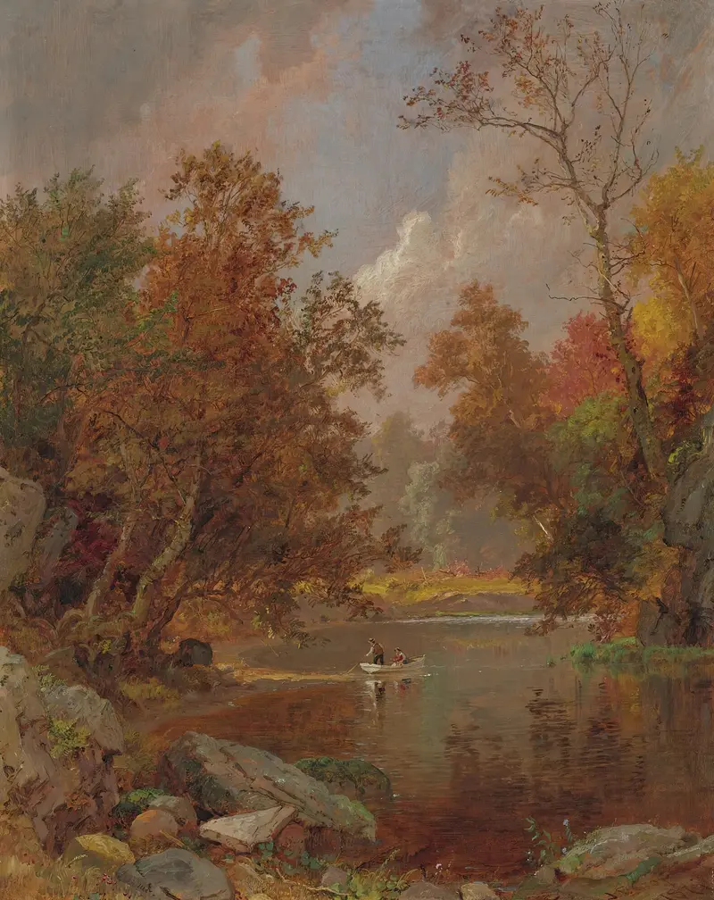 Autumn On The River, oil painting by Jasper Francis Cropsey showing colorful foliage and a winding river.