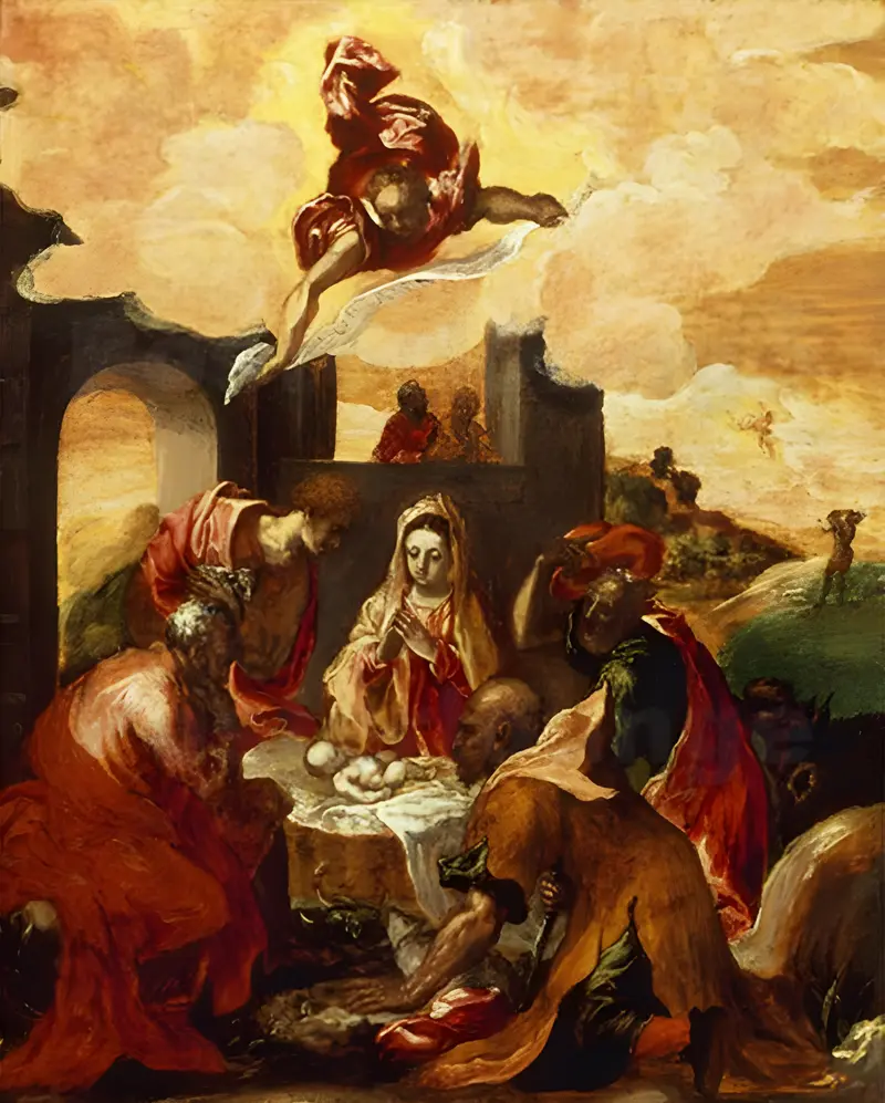 El Greco's Adoration of the Magi depicts the three Magi kneeling before the infant Christ.