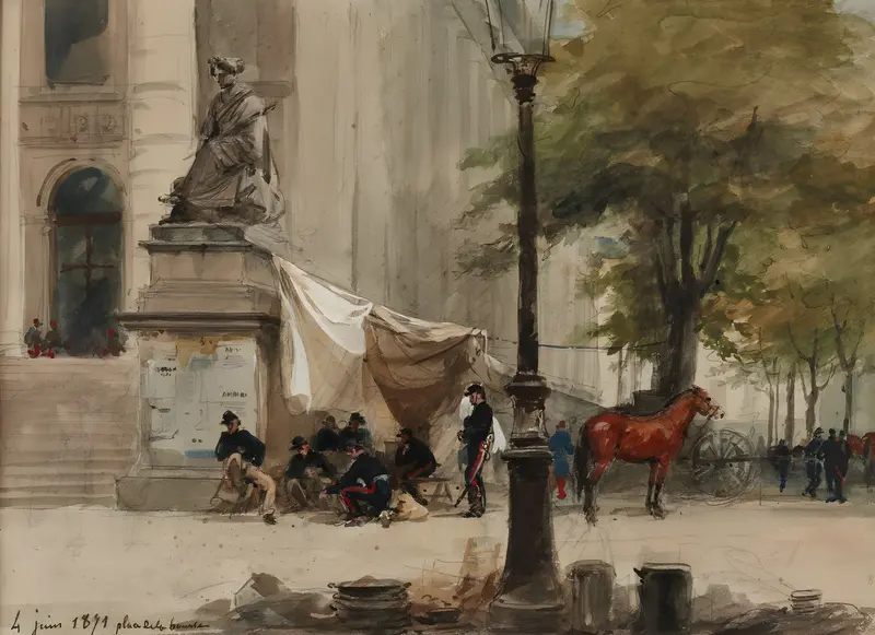 A historical painting depicting an artillery camp in Paris.