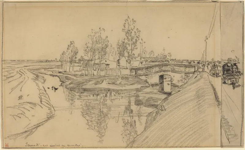 A peaceful rural scene with a winding road leading to carts and a canal reflecting the sky.