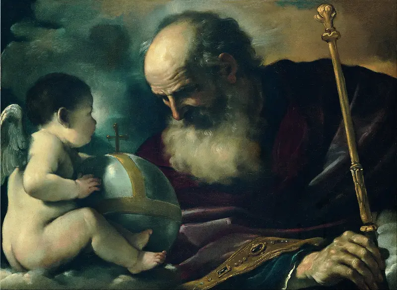 This painting depicts God the Father with an angel, showcasing Guercino's Baroque style.