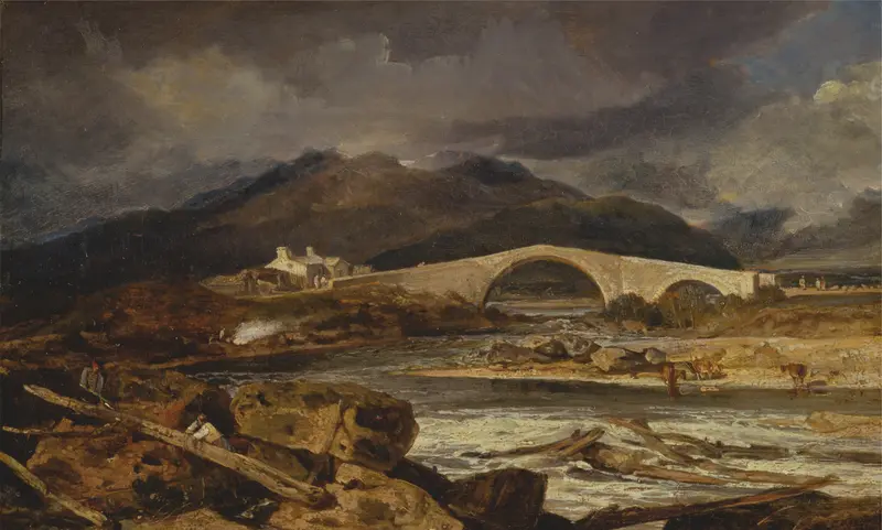 Tummel Bridge, Perthshire by Joseph Mallord William Turner, oil painting depicting a bridge over a river.