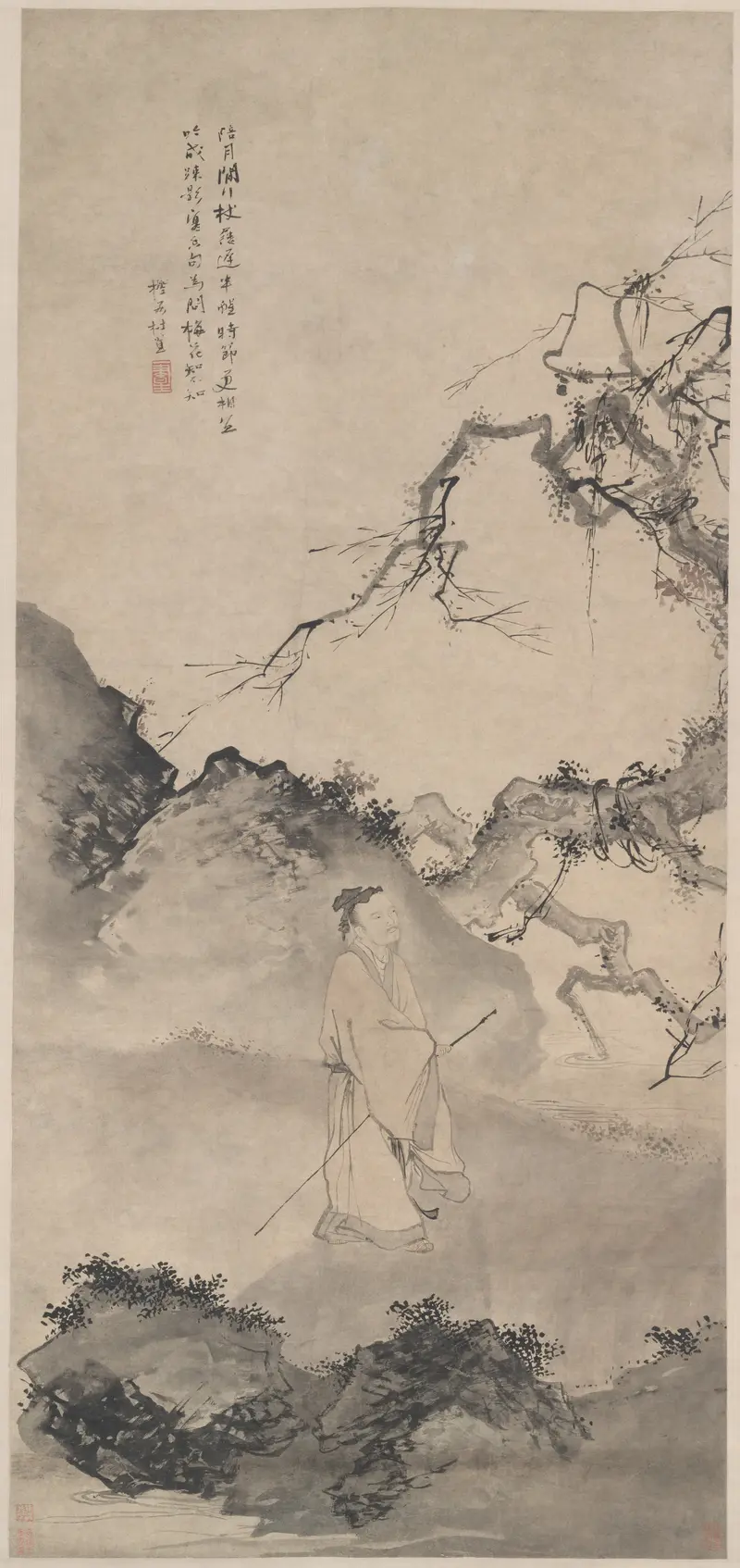 The Poet Lin Bu Wandering in the Moonlight, ink on silk by Du Jin, features a serene figure in moonlight.
