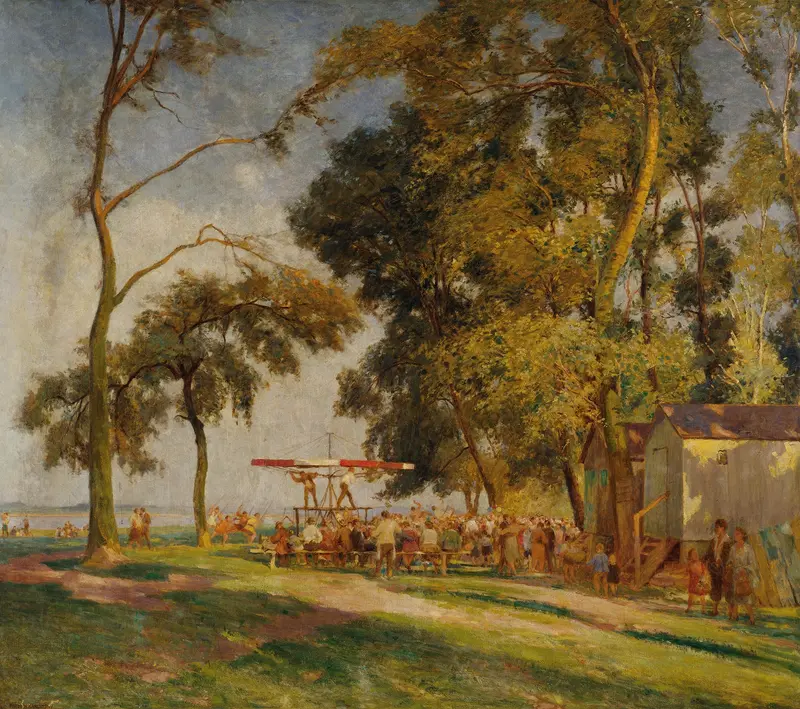 Sonntag in der Lobau, oil on canvas by Anton Hans Karlinsky depicting a serene landscape.
